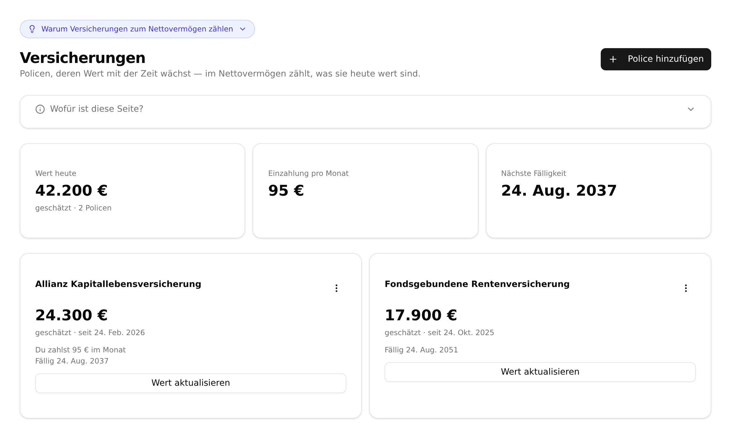 Die Seite Versicherungen in Meine Finanzfreiheit: eine Übersicht mit 42.200 € Wert heute über zwei Policen, 95 € Einzahlung pro Monat und nächster Fälligkeit am 24. Aug. 2037, darunter Karten für eine Allianz Kapitallebensversicherung und eine fondsgebundene Rentenversicherung mit der Schaltfläche „Wert aktualisieren“