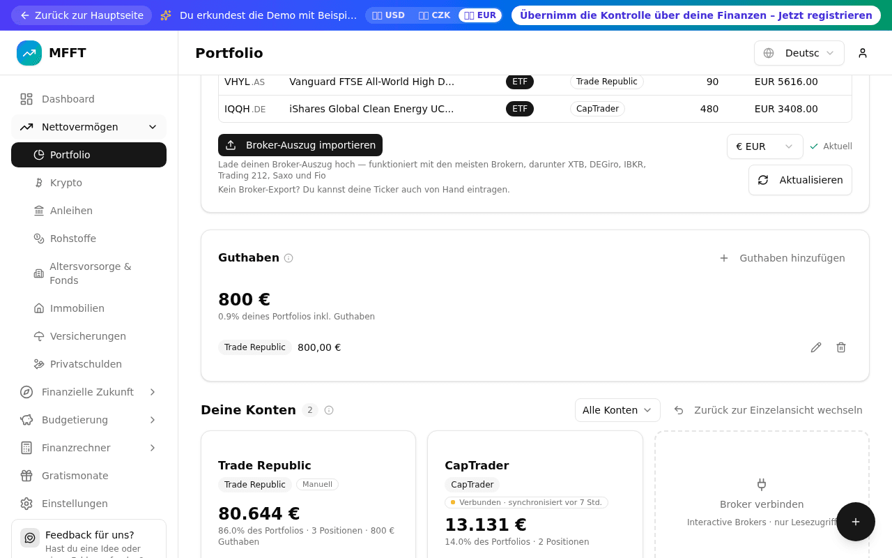 Die Guthaben-Karte im MFFT-Portfolio: 800 € gesamt, „0.9% deines Portfolios inkl. Guthaben" und eine Zeile für Trade Republic mit 800,00 €