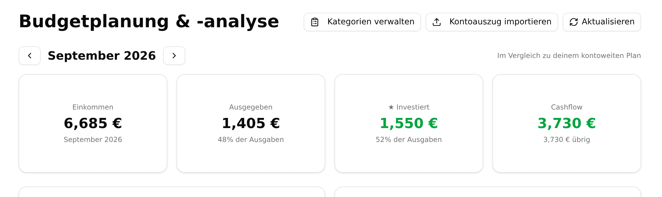 Die Kopfzeile der Budget-Seite in MFFT mit den Schaltflächen Kategorien verwalten, Kontoauszug importieren und Aktualisieren über dem Monatswechsler September 2026 und den Karten Einkommen, Ausgegeben, Investiert und Cashflow